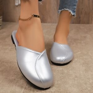 Elegant Silver Women's Round Toe Slip On Mules